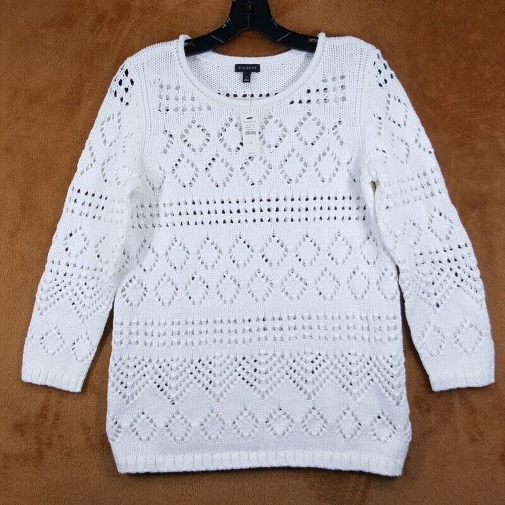 TALBOTS Sweater Womens Small White Pullover Chunky Loose Knit Sheer Cotton